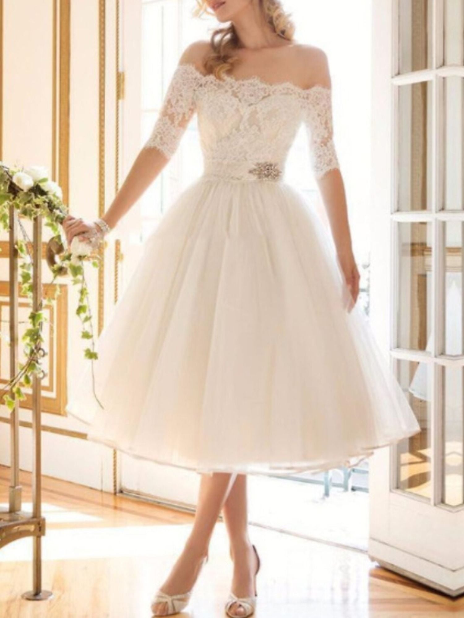 A-Line/Princess Lace Tulle Off-the-shoulder Half Sleeves Tea Length Appliques Wedding Dress White