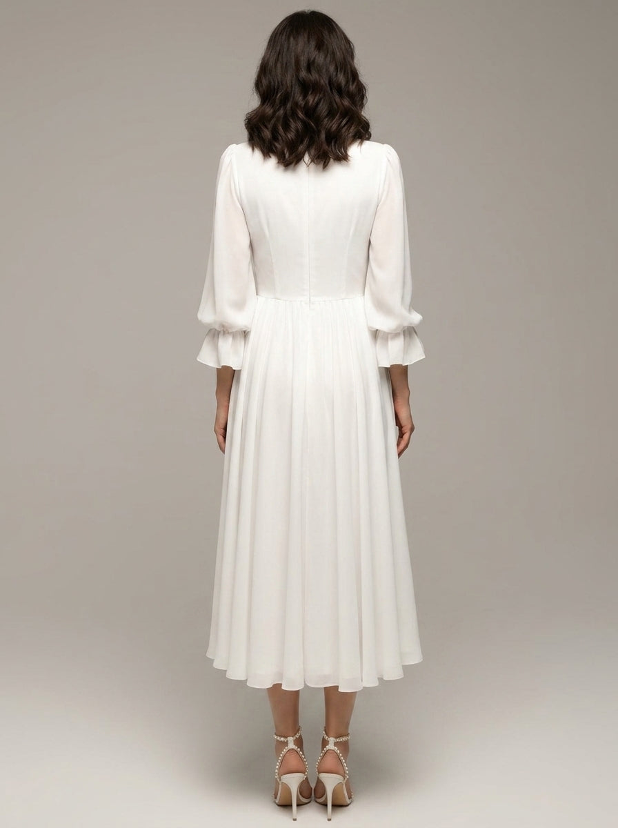 A-Line/Princess V-Neck Ruffle 3/4 Sleeves Tea Length Elegant Wedding Dress Champagne