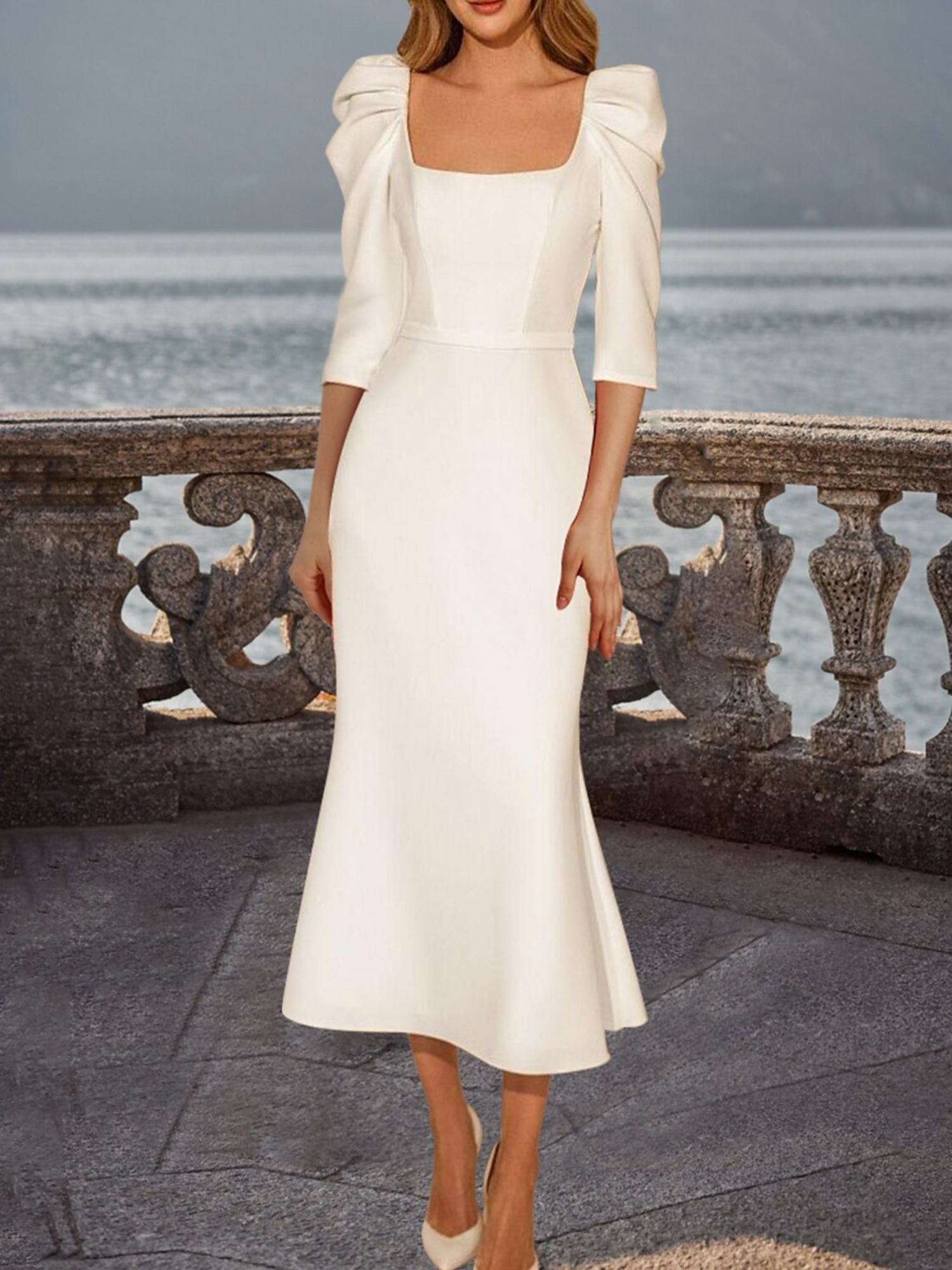 Sheath/Column Retro Square Neck 3/4 Sleeves Tea Length Elegant Wedding Dress With Ruffles Ivory