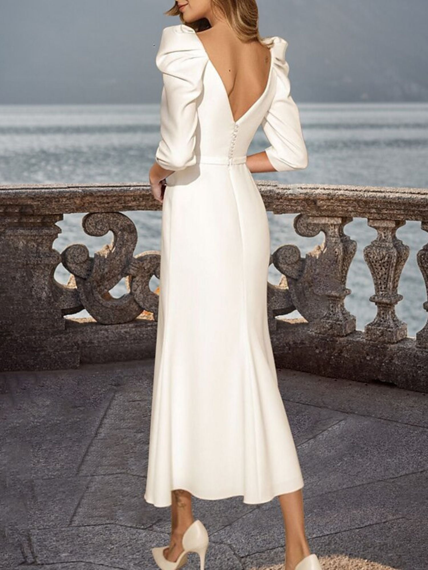 Sheath/Column Retro Square Neck 3/4 Sleeves Tea Length Elegant Wedding Dress With Ruffles White