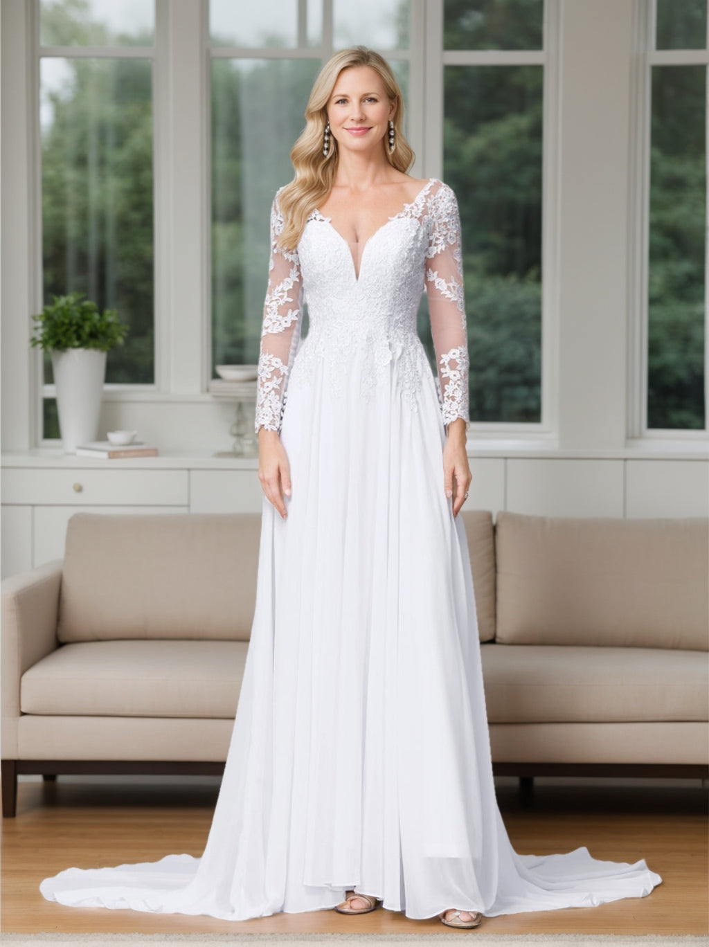 A-Line/Princess V-Neck Long Sleeves Floor Length Appliques Wedding Dress White