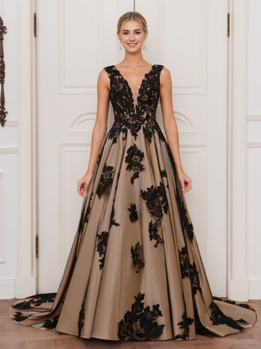 A-Line/Princess V-Neck Sleeveless Long Tulle Wedding Dress with Appliques Black
