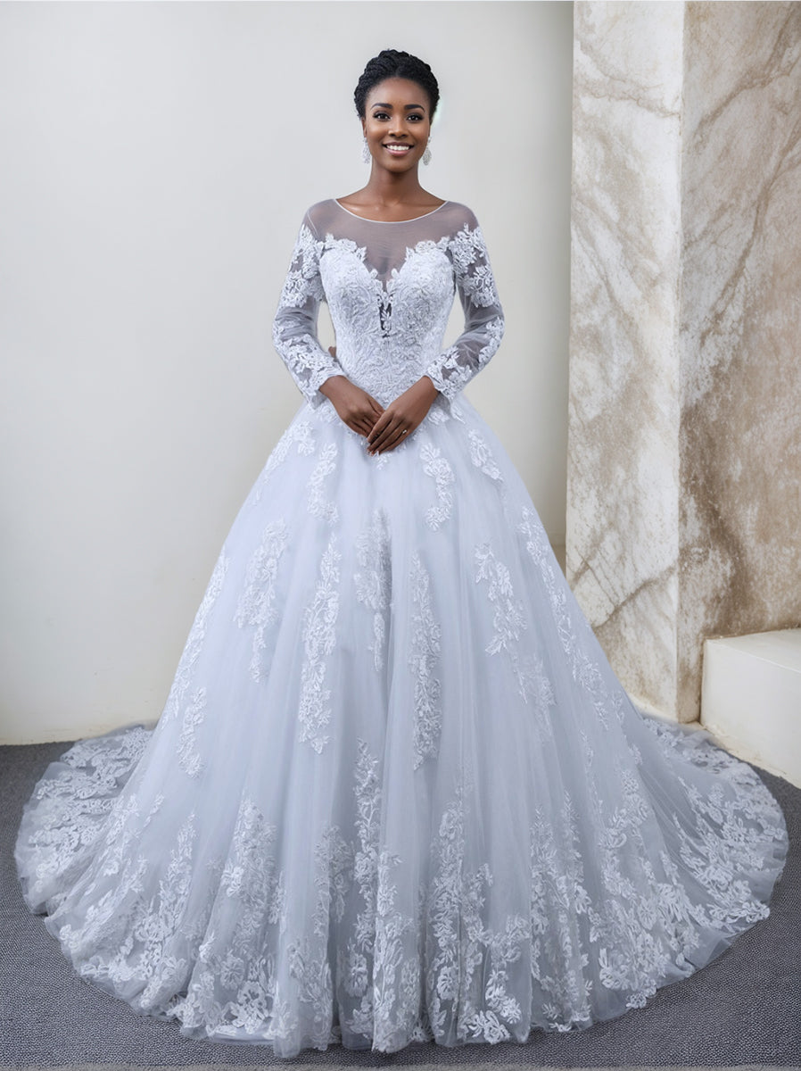 A-Line/Princess Round Neck Long Sleeves Wedding Dresses with Lace Appliques White