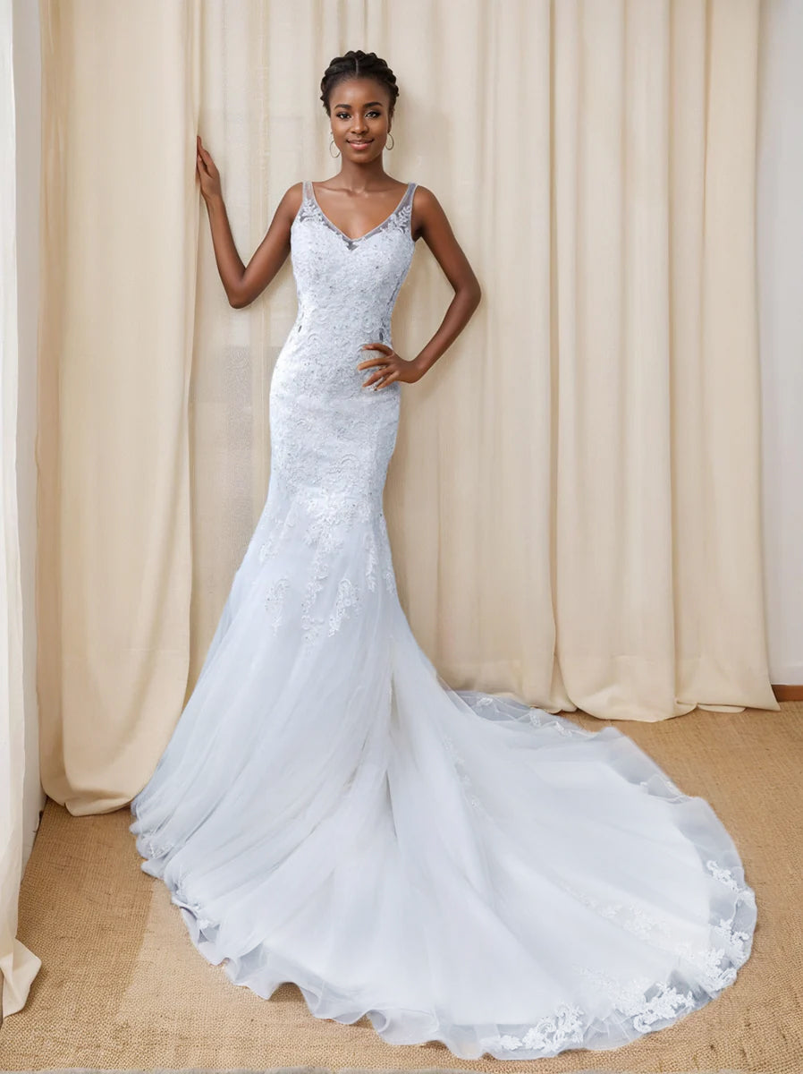 Trumpet/Mermaid V-Neck Sleeveless Wedding Dresses with Lace Appliques White