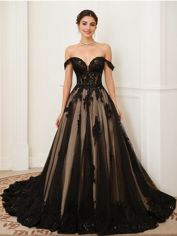 A-Line/Princess Off-the-Shoulder Sleeveless Tulle Wedding Dress with Appliques & Beading Black