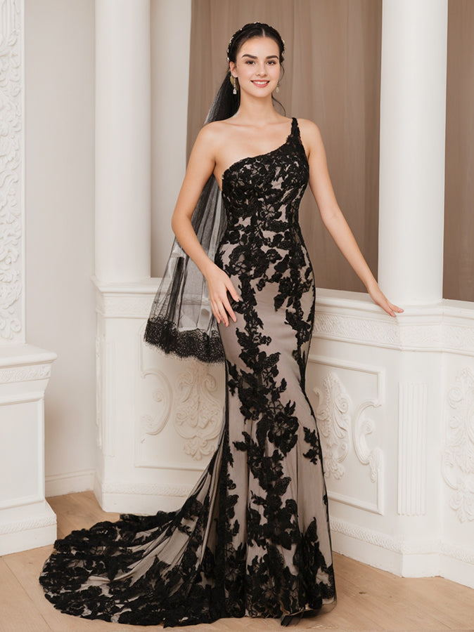 Trumpet/Mermaid One-Shoulder Sleeveless Sexy Wedding Dress with Appliques Black
