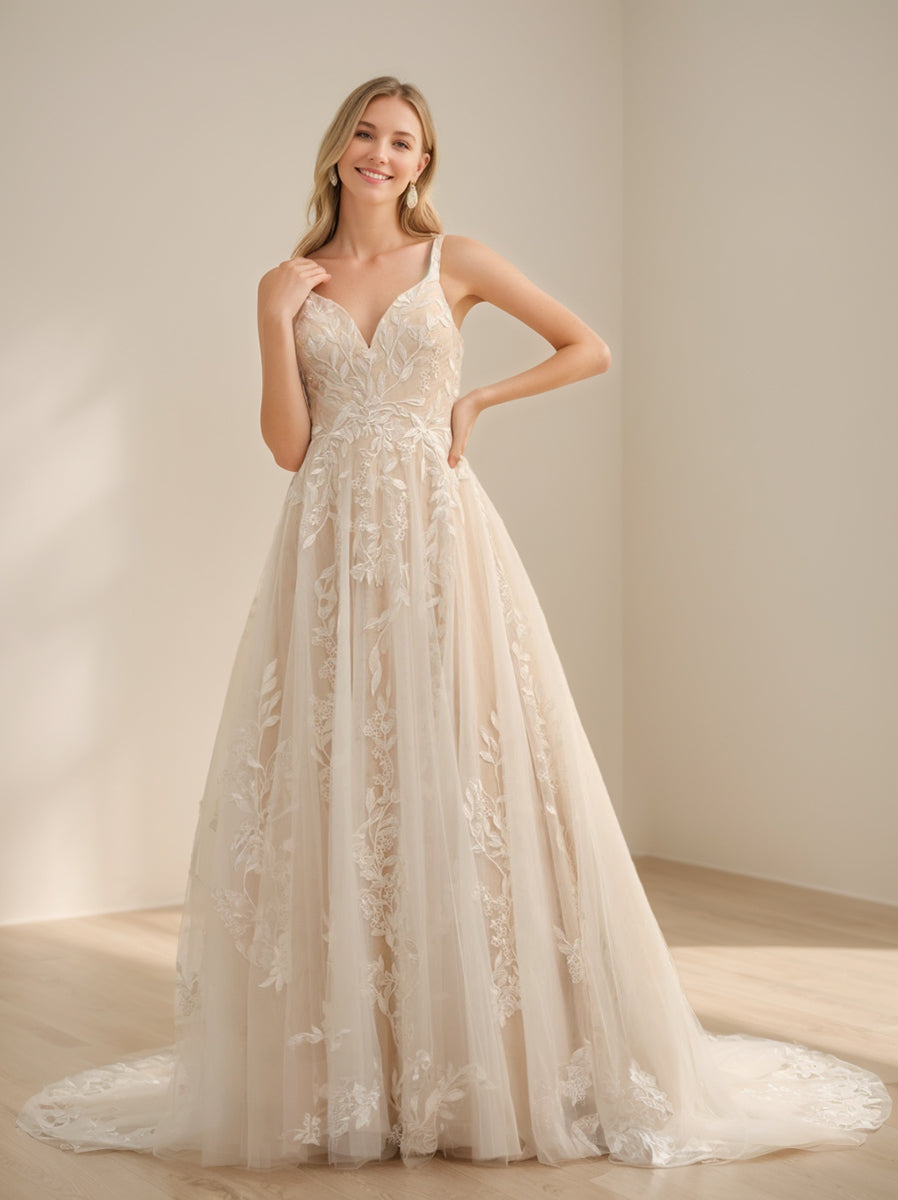 A-Line/Princess Spaghetti Straps Sleeveless Long Wedding Dresses with Appliques Ivory