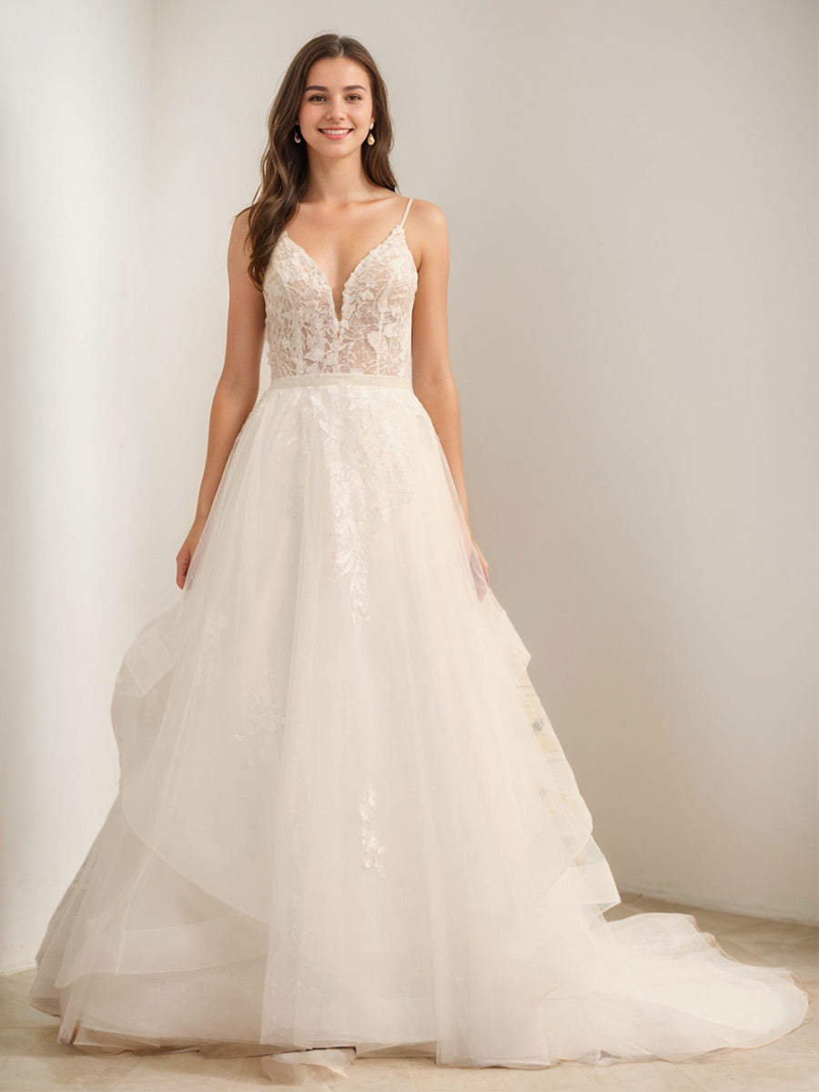 Ball Gown Spaghetti Straps Sleeveless Tulle Wedding Dress with Appliques & Beading Ivory