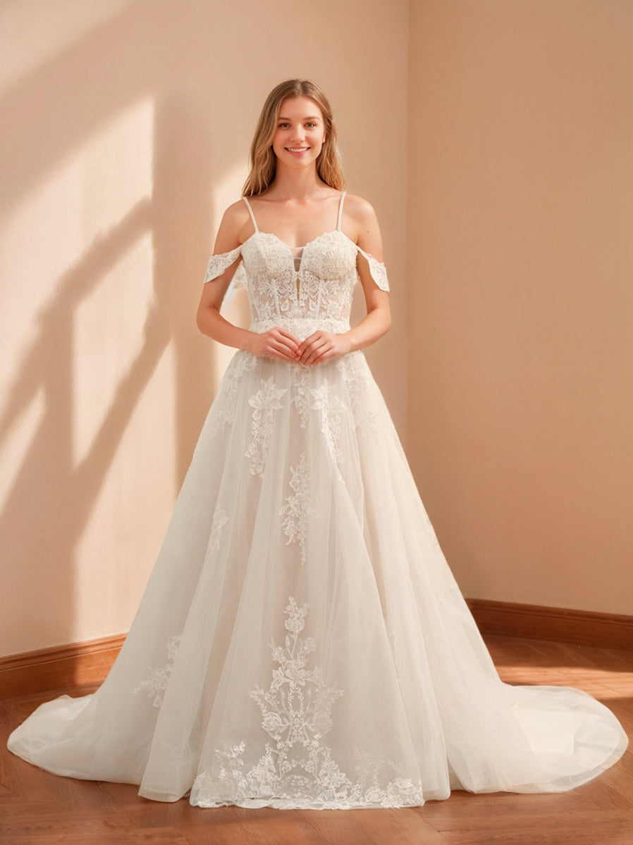 Ball Gown Off-the-Shoulder Sleeveless Long Tulle Wedding Dresses with Lace Appliques Ivory