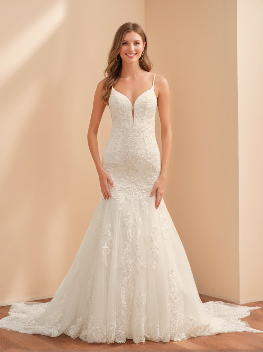 Trumpet/Mermaid Spaghetti Straps Sleeveless Long Tulle Wedding Dresses with Lace Appliques Ivory