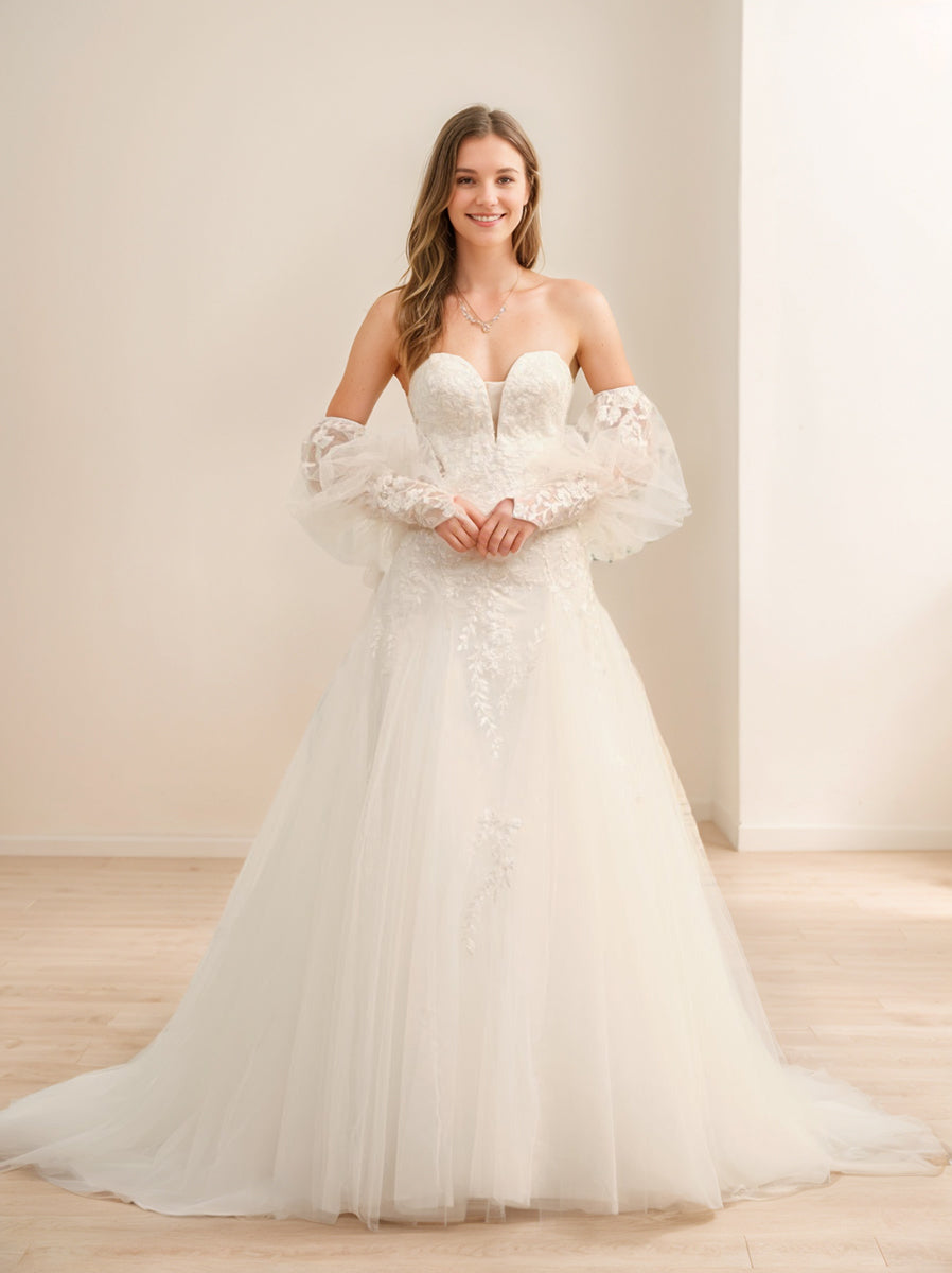 A-Line/Princess Sweetheart Long Wedding Dresses with Appliques Ivory