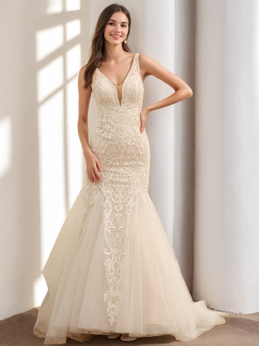 Trumpet/Mermaid V-Neck Sleeveless Tulle Wedding Dresses with Appliques Ivory
