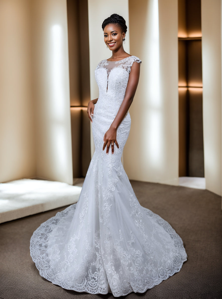 Trumpet/Mermaid Tulle Sheer Neck Sleeveless Wedding Dresses with Lace Appliques As Pic