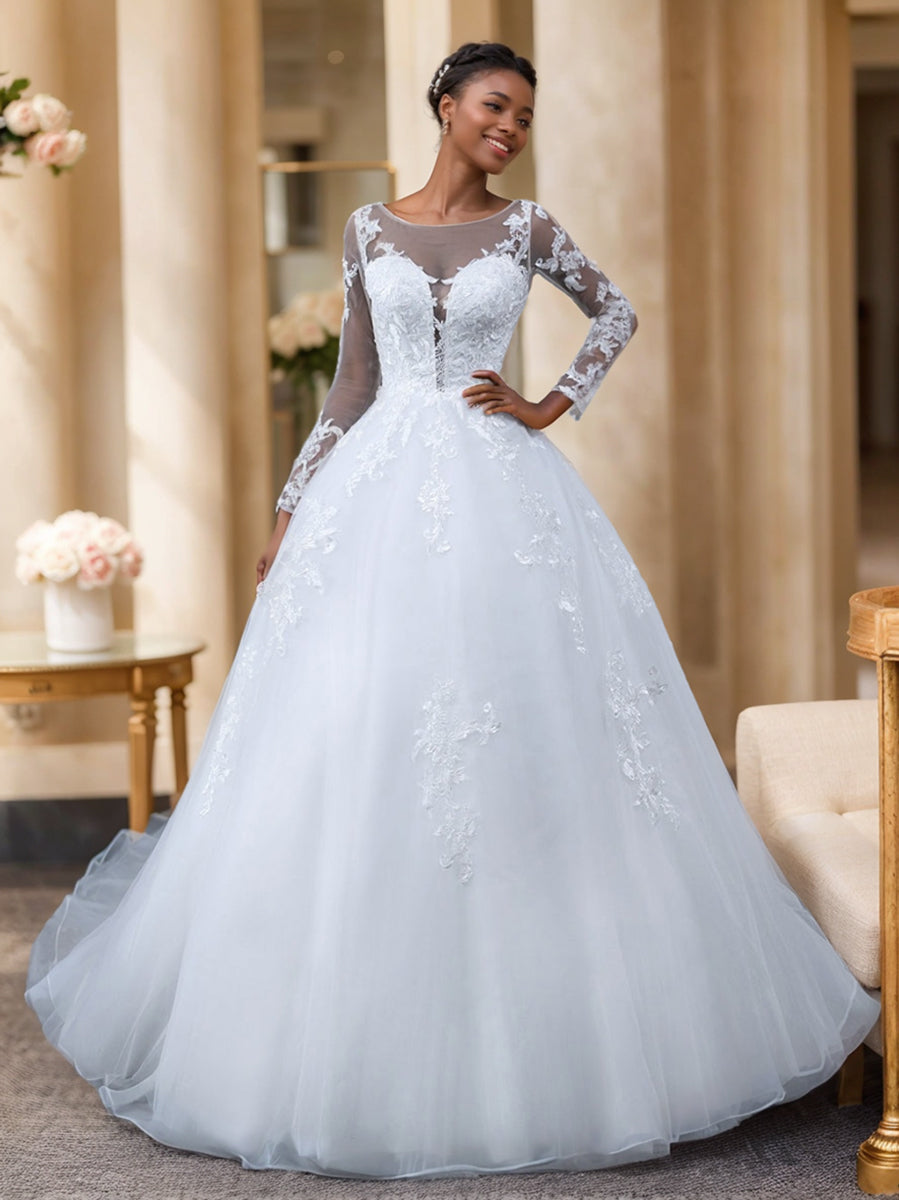 A-Line/Princess Tulle Sheer Neck Long Sleeves Wedding Dresses with Lace Appliques White