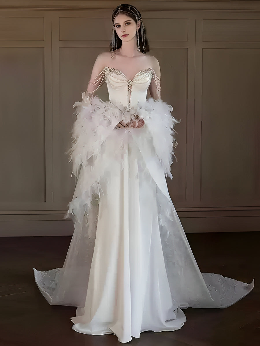 Trumpet/Mermaid Off-the-Shoulder Elegant Wedding Dresses with Beadings & Chains & Feather White