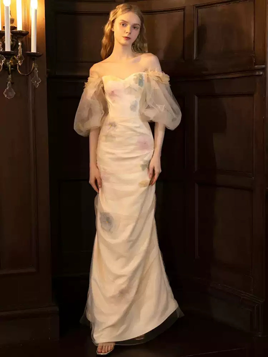 Trumpet/Mermaid Off-the-Shoulder Half Sleeves Floor-Length Printed Foral Wedding Dresses White