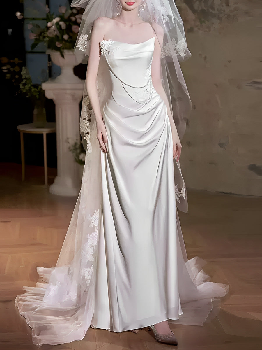 Trumpet/Mermaid Strapless Sleeveless Wedding Dresses with Beadings & Lace Appliques White