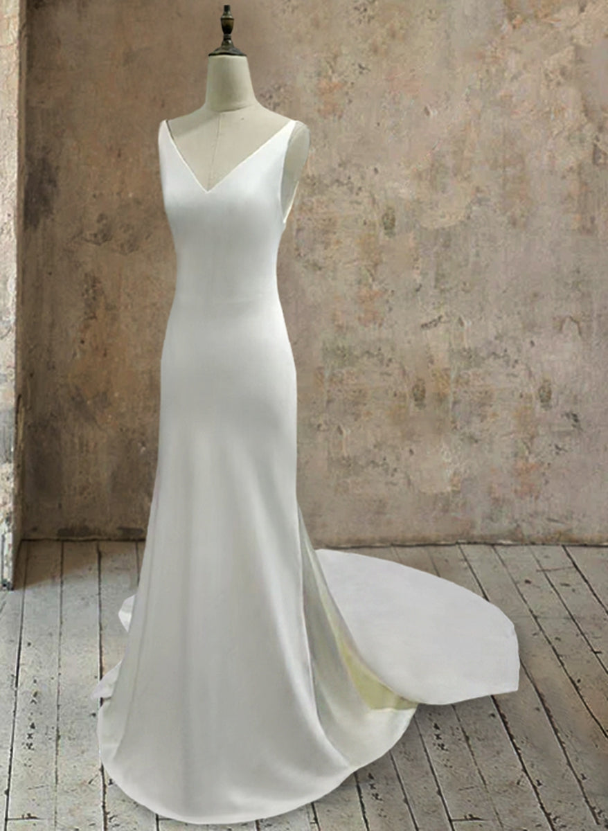 Trumpet/Mermaid White Satin V-Neck Minimalist Sleeveless Wedding Dresses White