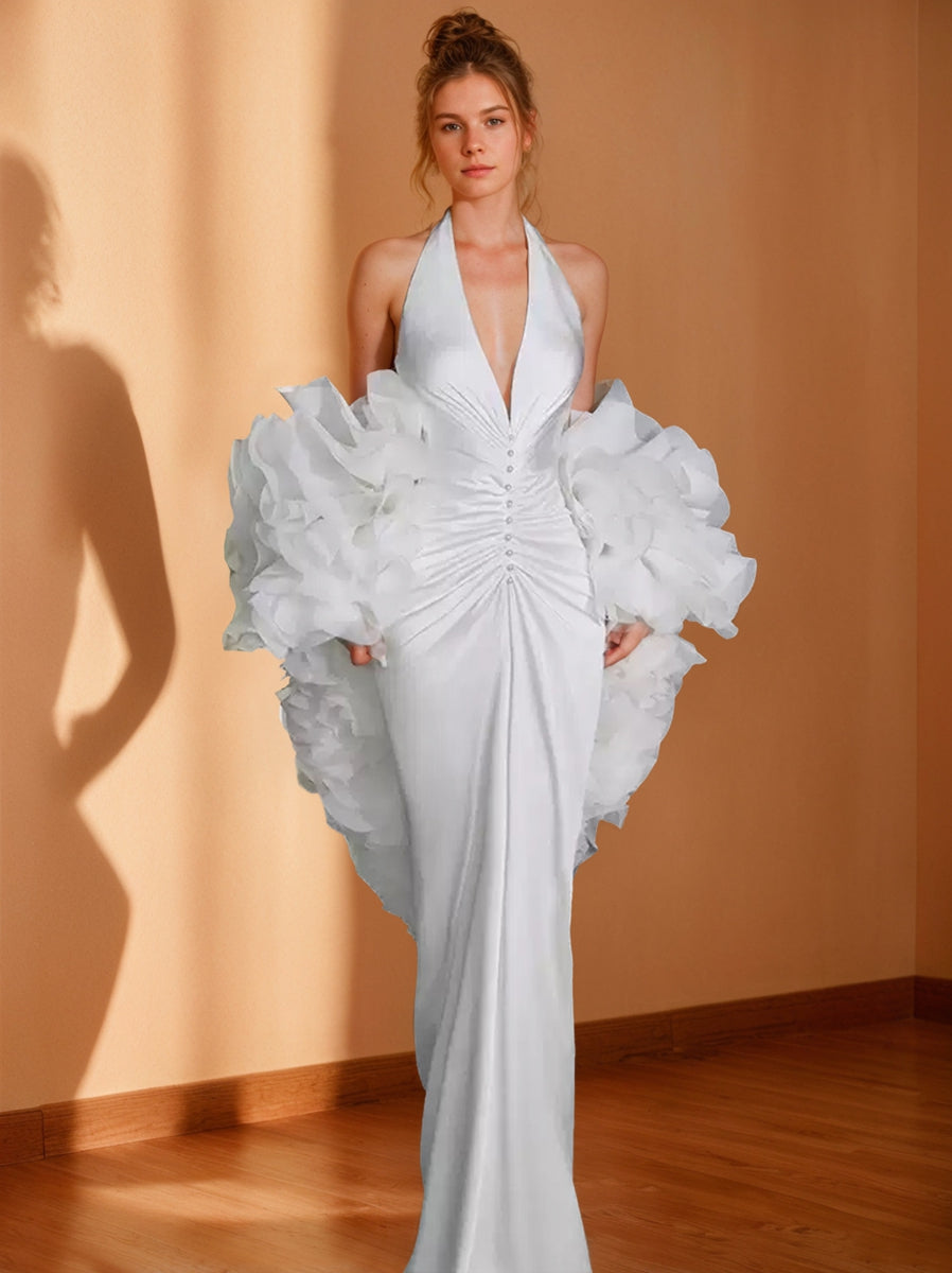 Retro Trumpet/Mermaid Halter Sleeveless White Wedding Dresses with Pearl & Pleats White