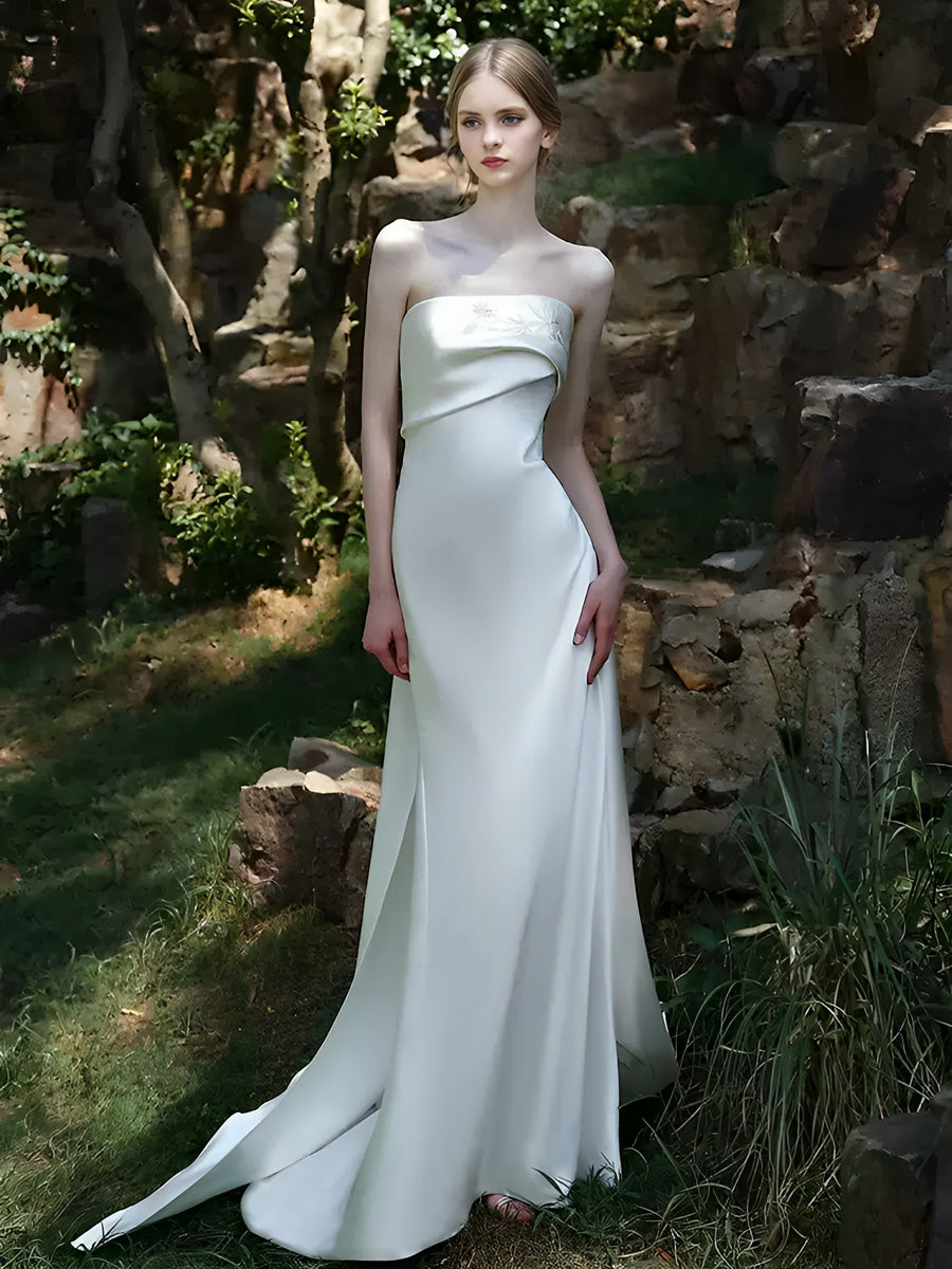 Minimalist Trumpet/Mermaid Strapless Sleeveless Wedding Dresses with Embroidery White