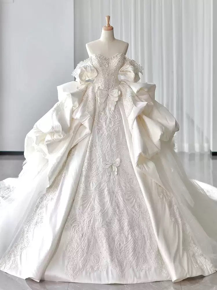 Ball Gown Off-the-Shoulder White Satin Wedding Dresses with Appliques & Beadings White