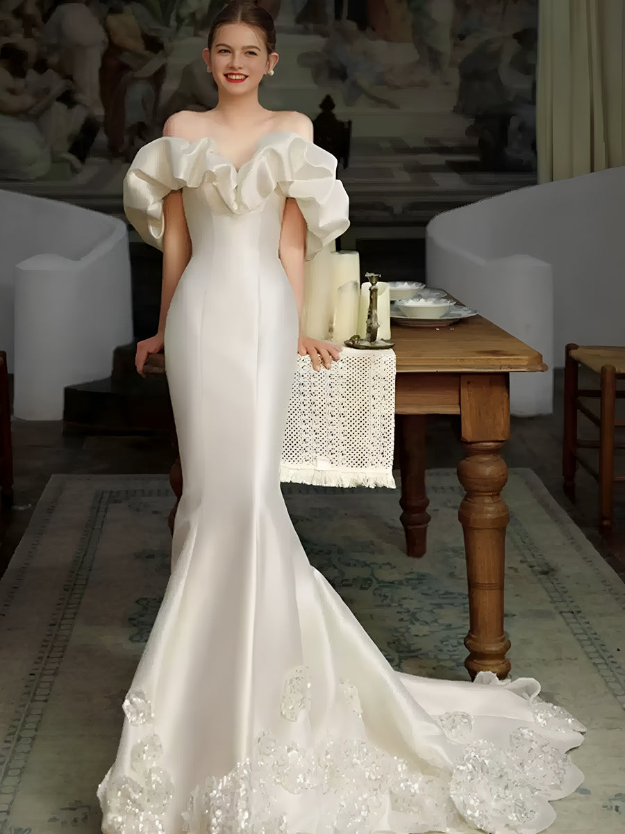 Trumpet/Mermaid Off-the-Shoulder Satin Wedding Dresses with Embroidery White