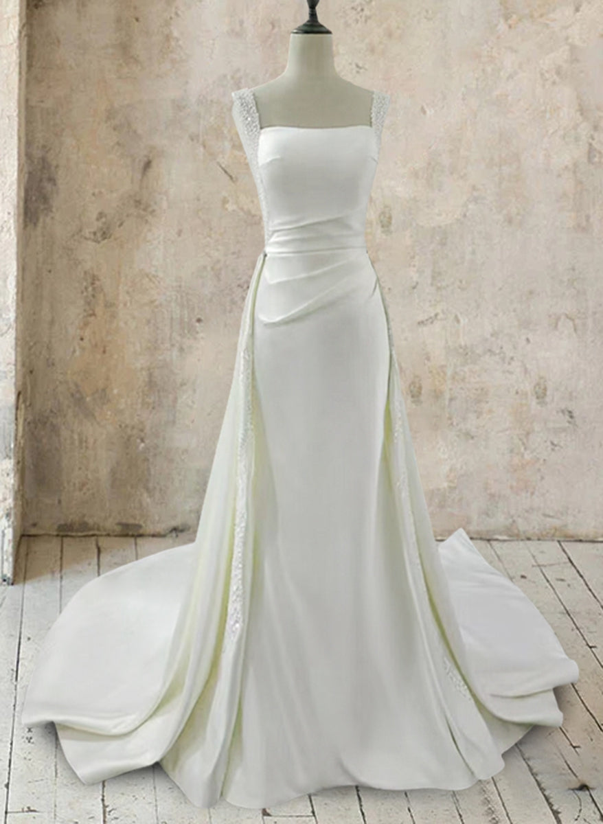 Trumpet/Mermaid White Square Neck Sleeveless Wedding Dresses with Appliques & Beadings White