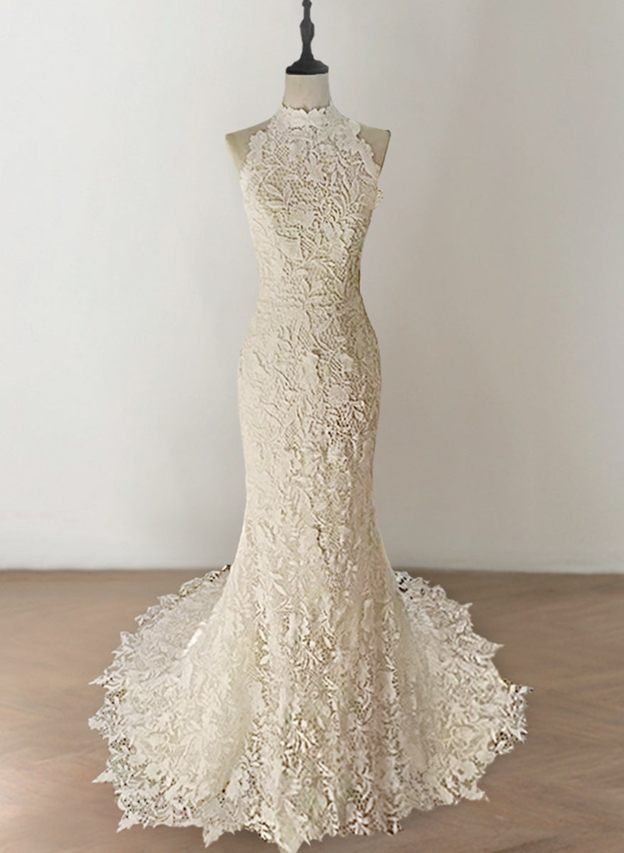 Delicated Trumpet/Mermaid Halter Sleeveless Wedding Dresses with Lace Appliques Ivory