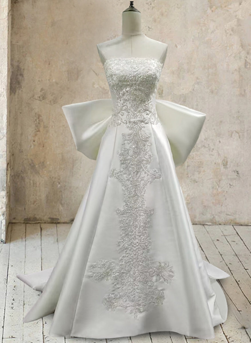 Trumpet/Mermaid White Satin Strapless Sleeveless Wedding Dresses with Lace Appliques & Bow White