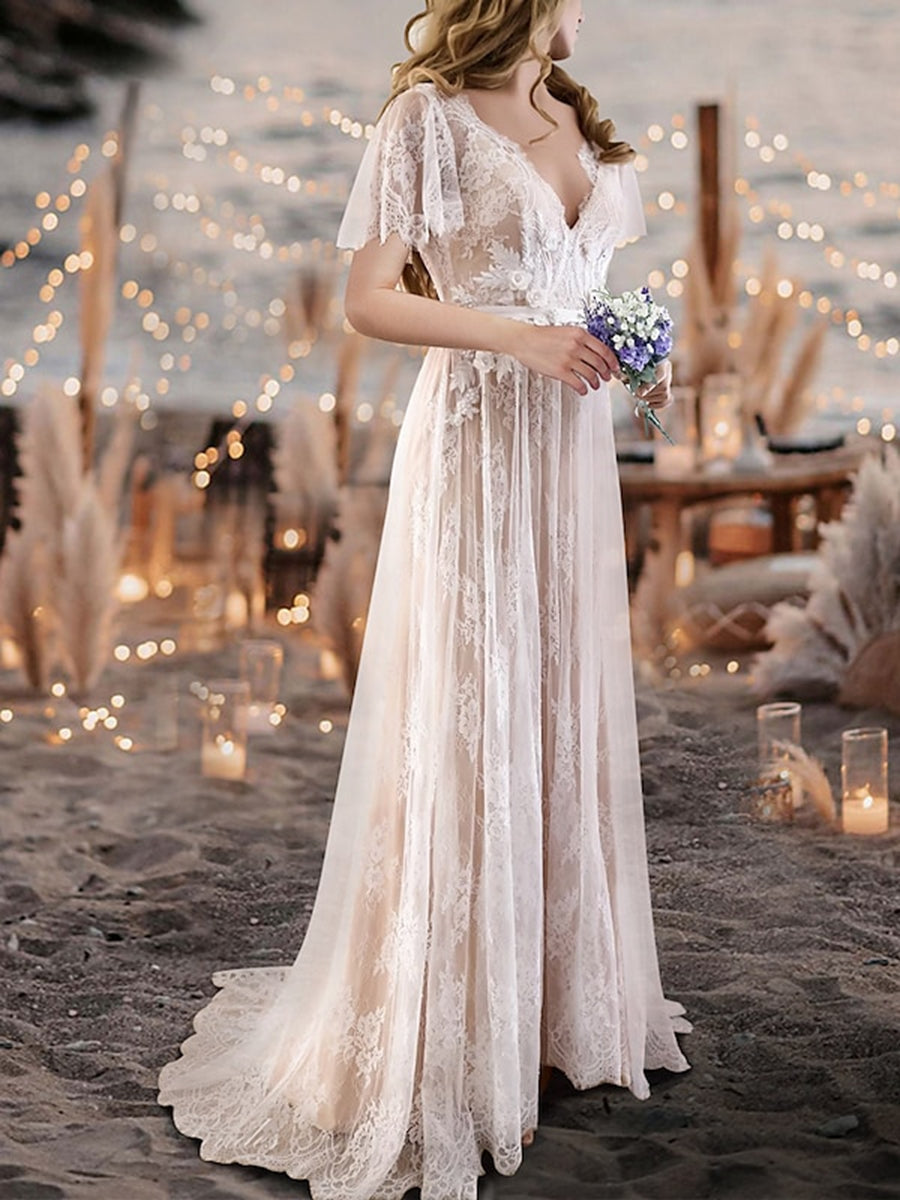 Boho A-Line/Princess V-Neck Short Sleeves Lace Beach Wedding Dress with Appliques Champagne