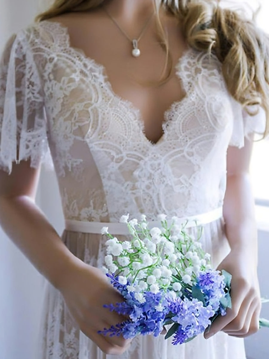 Boho A-Line/Princess V-Neck Short Sleeves Lace Beach Wedding Dress with Appliques Ivory