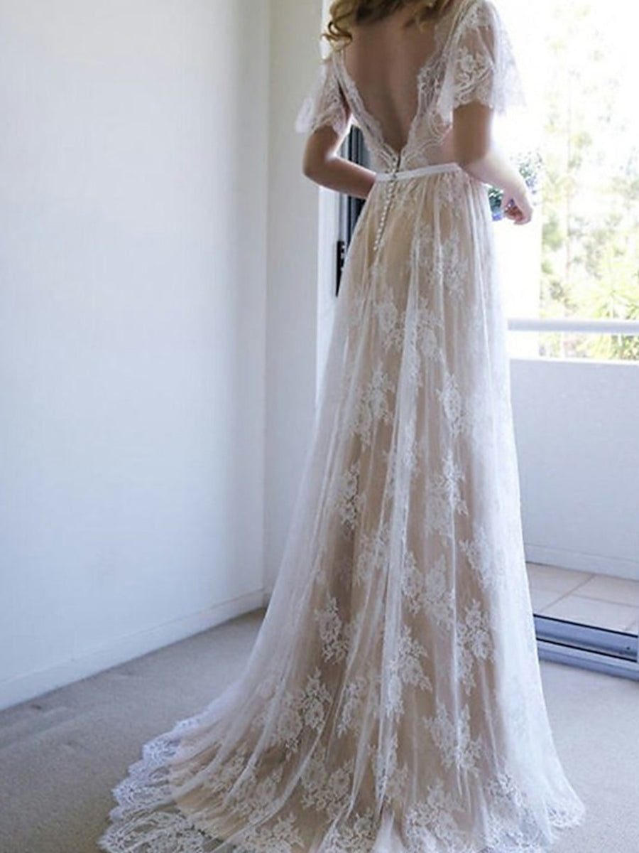 Boho A-Line/Princess V-Neck Short Sleeves Lace Beach Wedding Dress with Appliques White