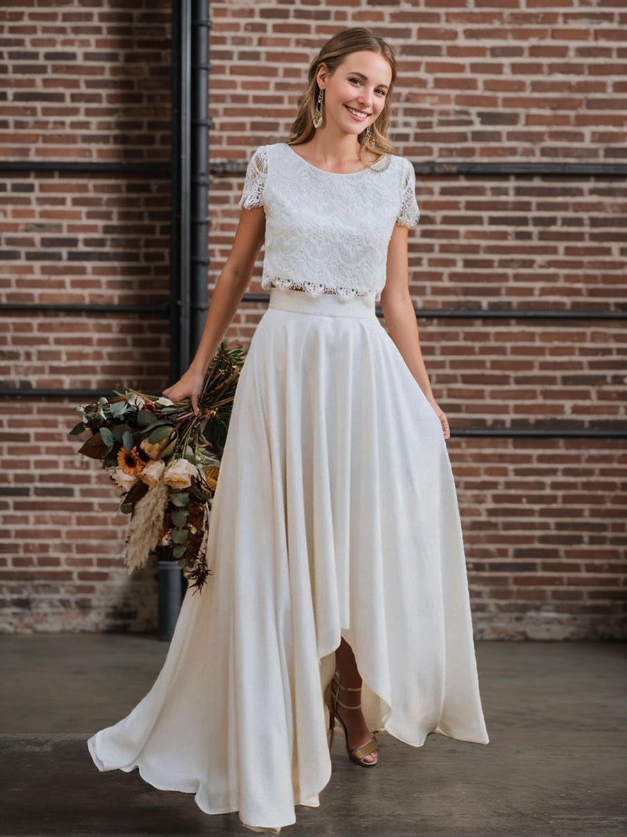 Two Pieces A-Line/Princess Scoop Neck Short Sleeves Asymmetrical Wedding Dress with Appliques White
