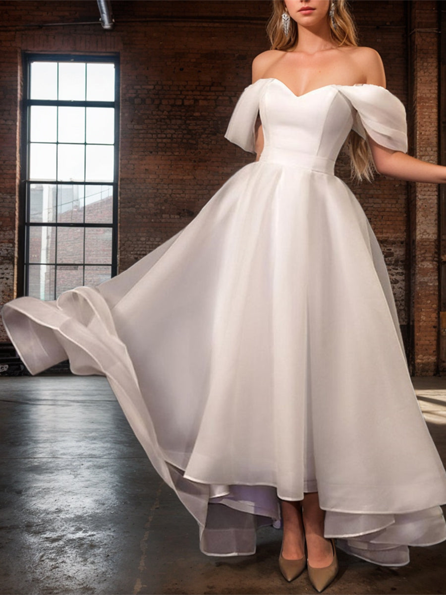 A-Line/Princess Off-the-Shoulder Sleeveless Asymmetrical Wedding Dress White
