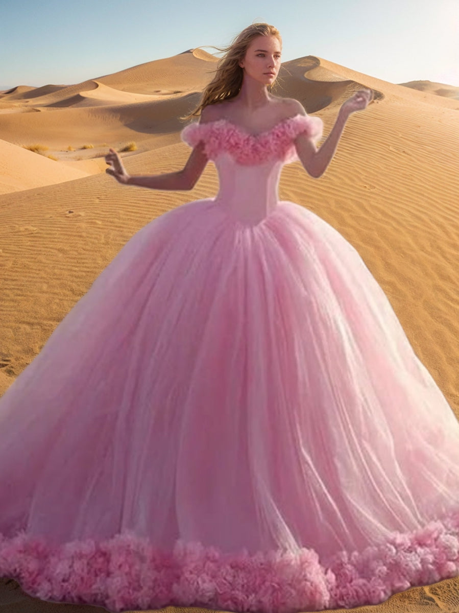 Ball Gown Off-the-Shoulder Sleeveless Gorgeous Wedding Dress with Embroidery Pink