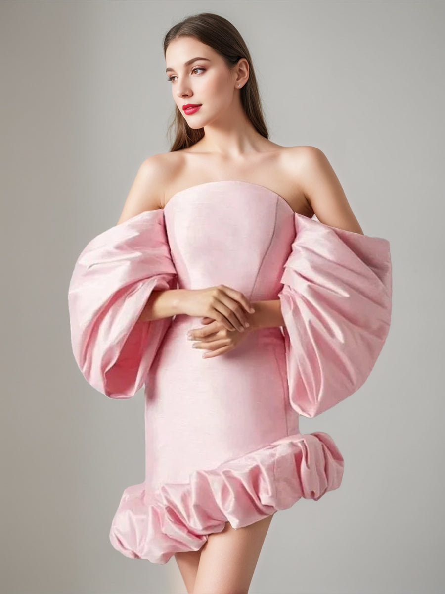Sheath/Column Off-the-Shoulder 3/4 Sleeves Mini/Short Wedding Dress with Ruffles Blush Pink