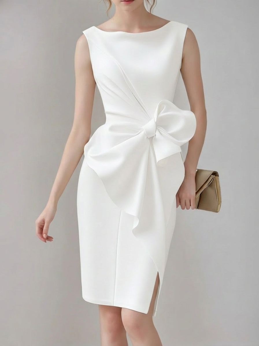 Sheath/Column Crew Neck Sleeveless Knee Length Wedding Dress with Bow & Ruffles Ivory