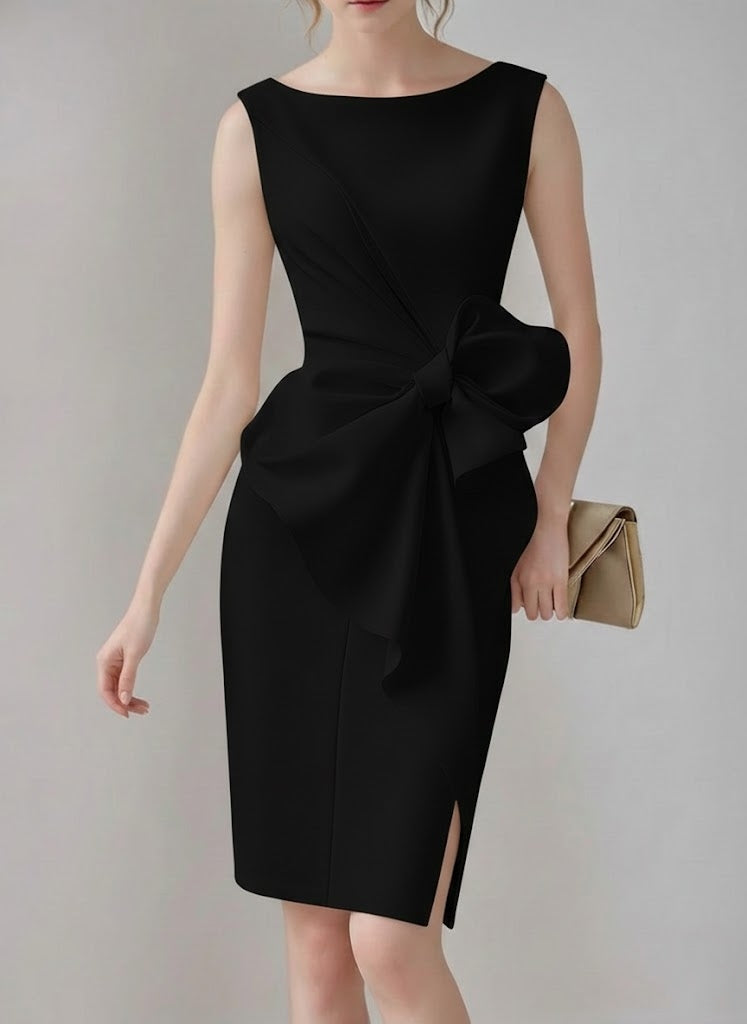 Sheath/Column Crew Neck Sleeveless Knee Length Wedding Dress with Bow & Ruffles Black