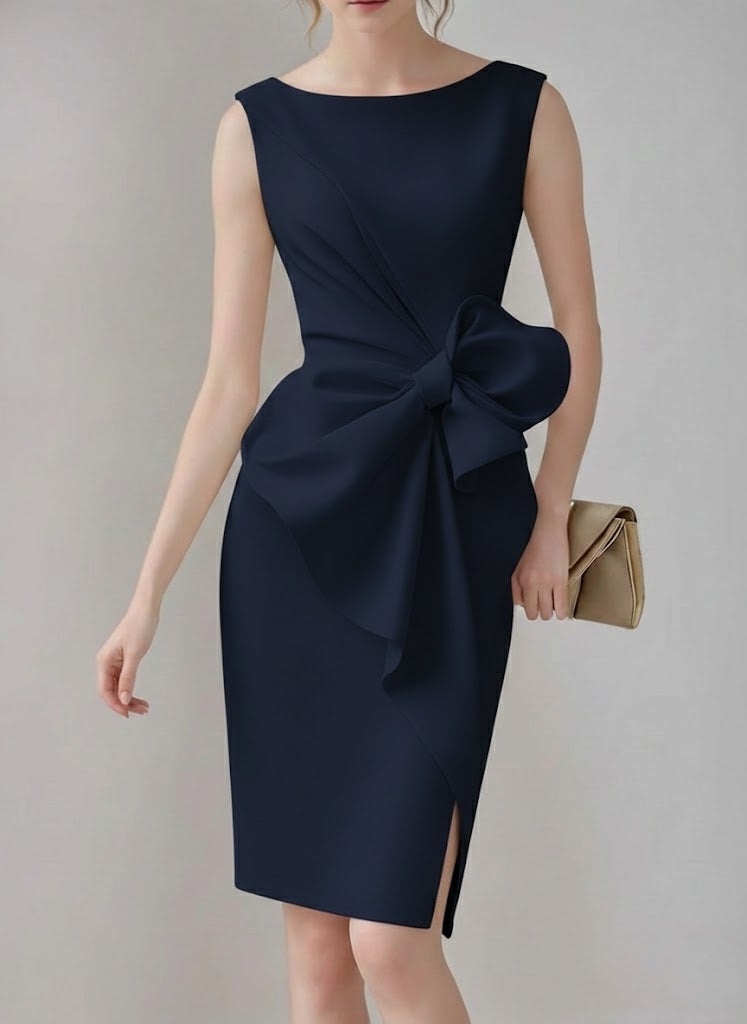 Sheath/Column Crew Neck Sleeveless Knee Length Wedding Dress with Bow & Ruffles Navy Blue