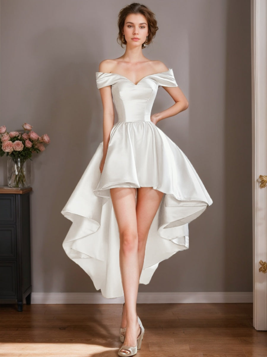 A-Line/Princess Off-the-shoulder Ruched Asymmetrical Wedding Dresses White