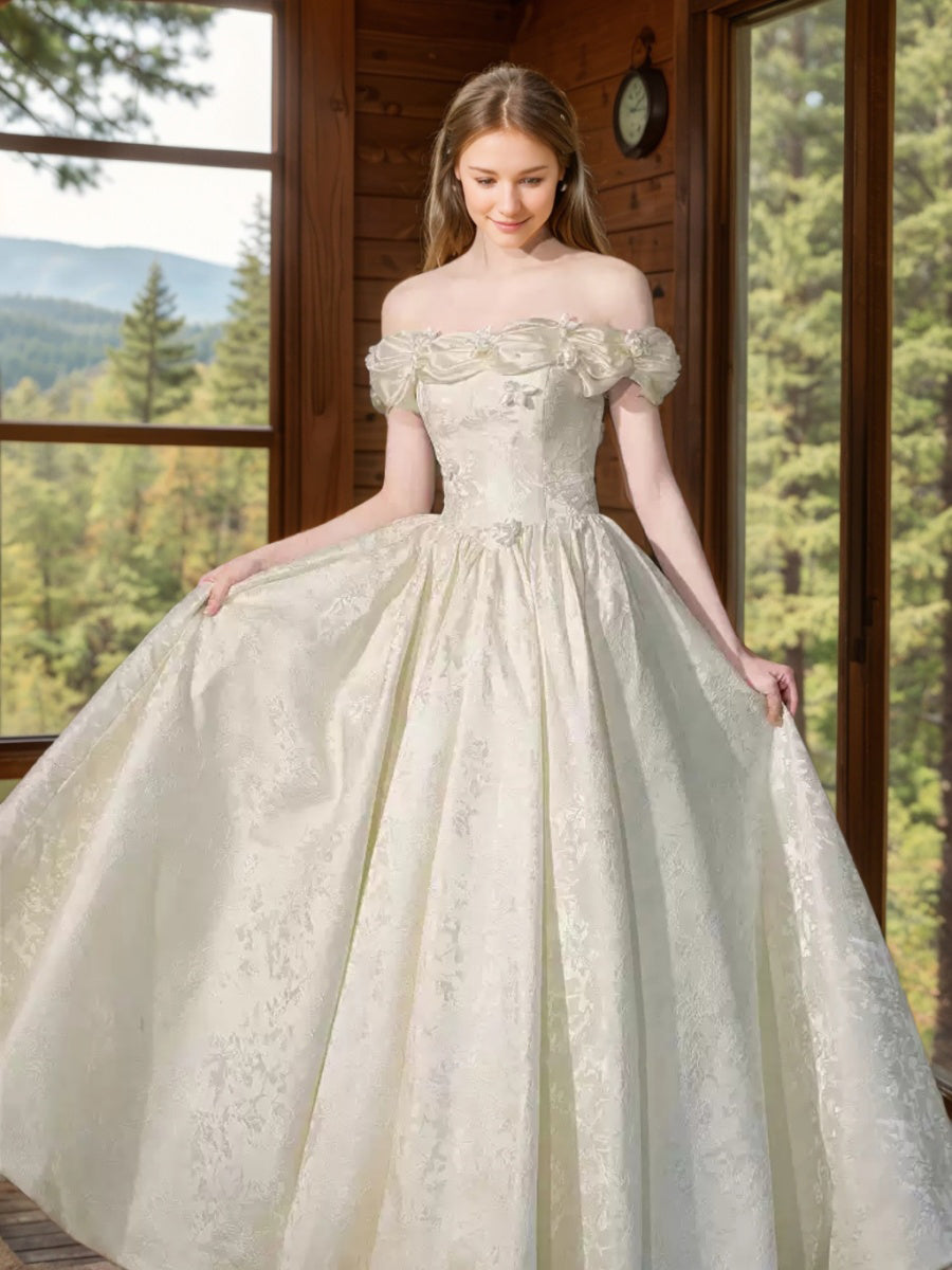 A-line/Princess Off-the-shoulder Ruched Floor-Length Pleated Wedding Dresses with 3D Flowers & Lace-up & Embroidery Ivory