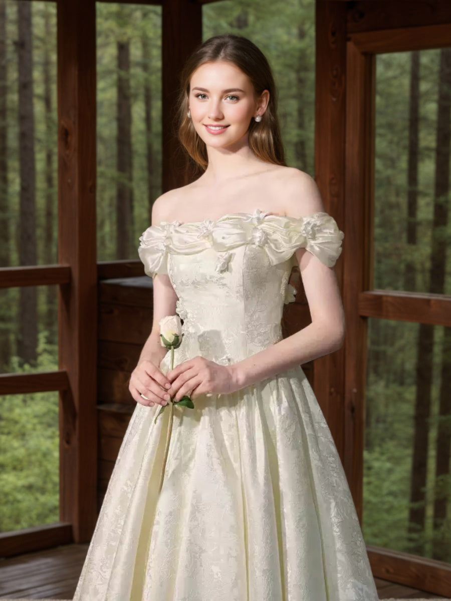 A-line/Princess Off-the-shoulder Ruched Floor-Length Pleated Wedding Dresses with 3D Flowers & Lace-up & Embroidery