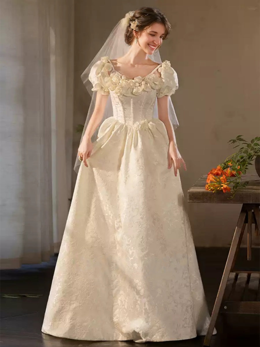 A-line/Princess Spaghetti Straps Puff Sleeves Wedding Dresses with Embroidery & 3D Flowers & Lace-up & Pearls & Lace Ivory