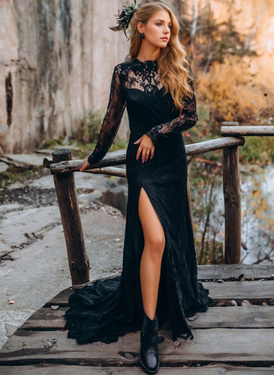 Sheath/Column Sexy Jewel Neck Long Sleeves Backless Sweep Train Black Wedding Dresses with Side Slit Black