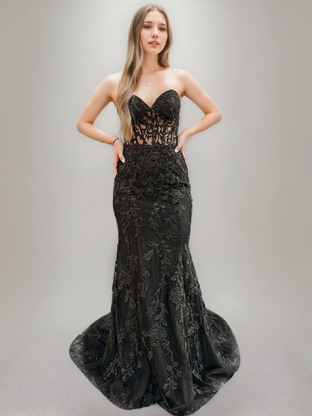 Trumpet/Mermaid Sweetheart Strapless Sleeveless Black Wedding Dresses Lace-Up & Appliques Black