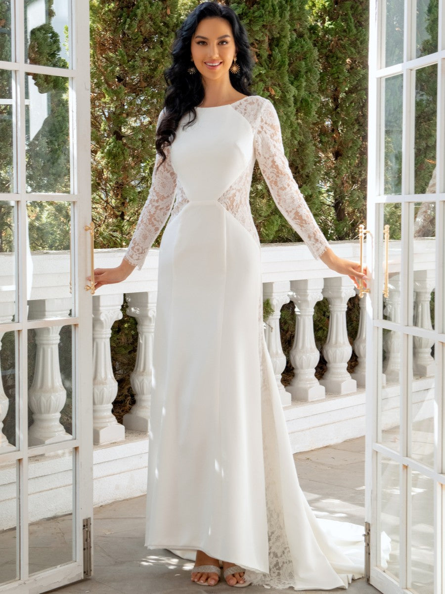 A-Line/Princess Jewel Neck Long Sleeves Wedding Dresses with Lace Blue