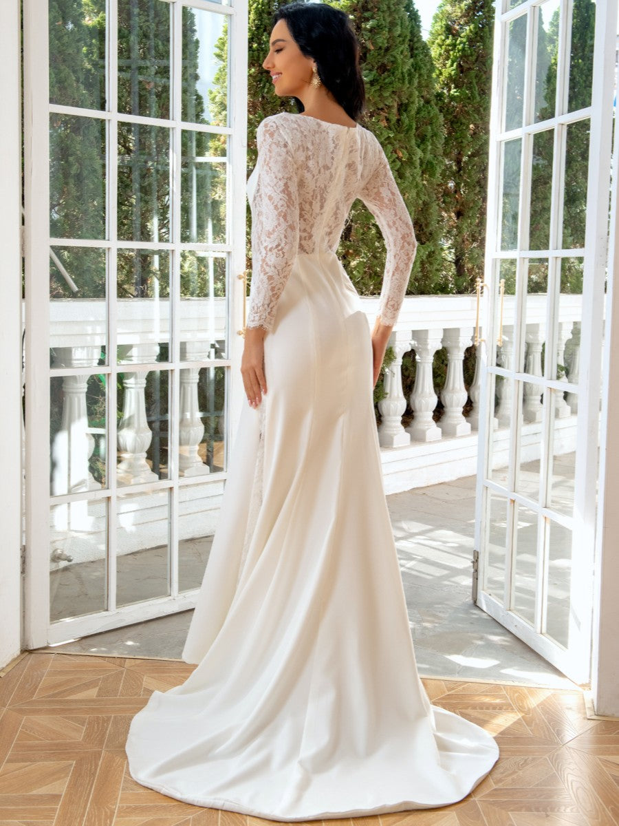 A-Line/Princess Jewel Neck Long Sleeves Wedding Dresses with Lace Black