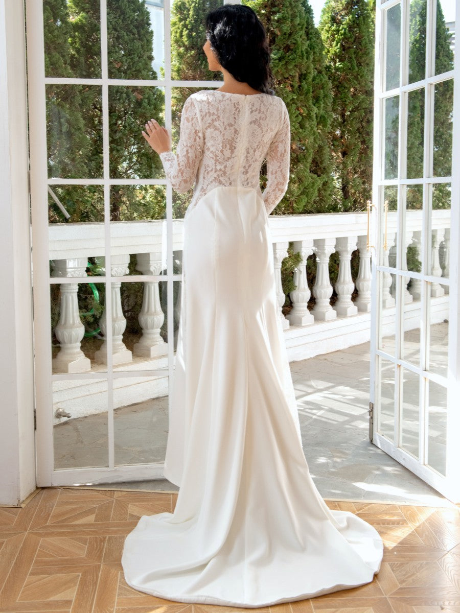 A-Line/Princess Jewel Neck Long Sleeves Wedding Dresses with Lace Burgundy