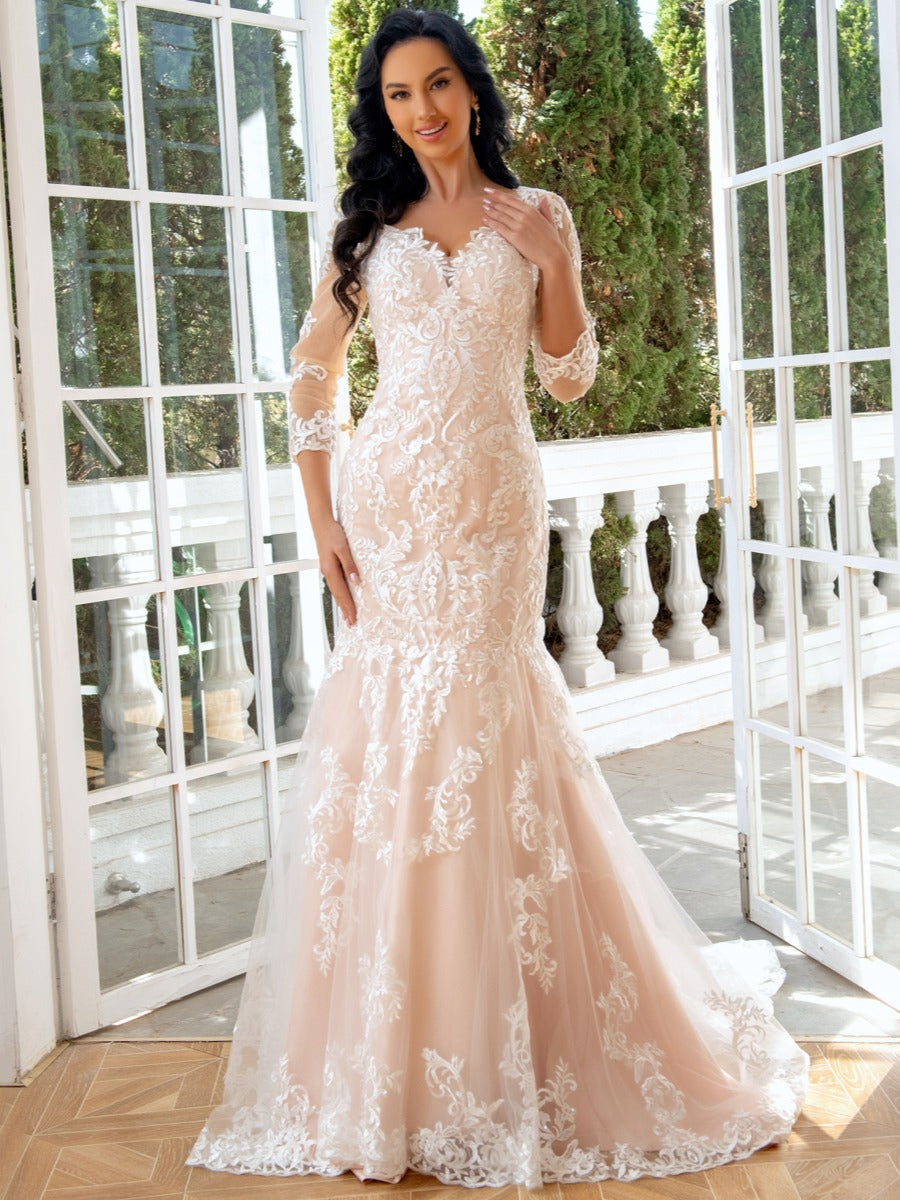 Trumpet/Mermaid Sweetheart 3/4 Sleeves Floor-Length Wedding Dresses with Lace Appliques As Pic
