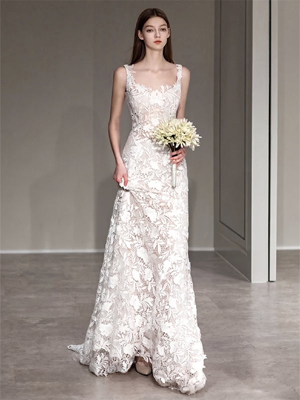A-Line/Princess Scoop Sleeveless Sweep Train Wedding Dresses with Lace Appliques Ivory